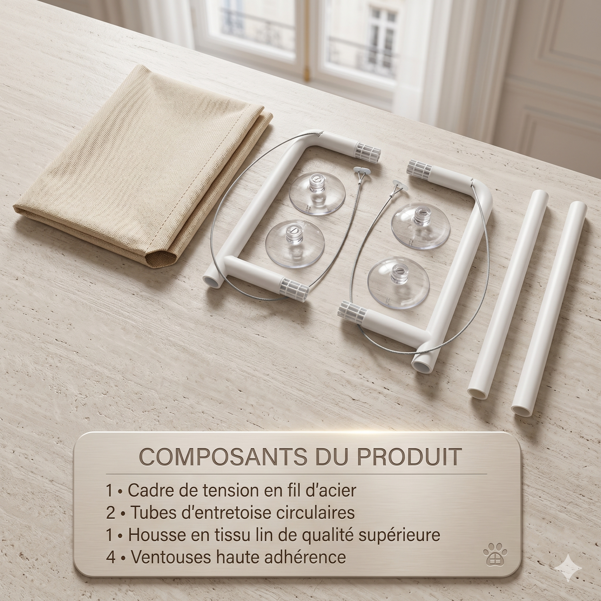 Composants du produit — cadre acier, ventouses haute adhérence, housse lin